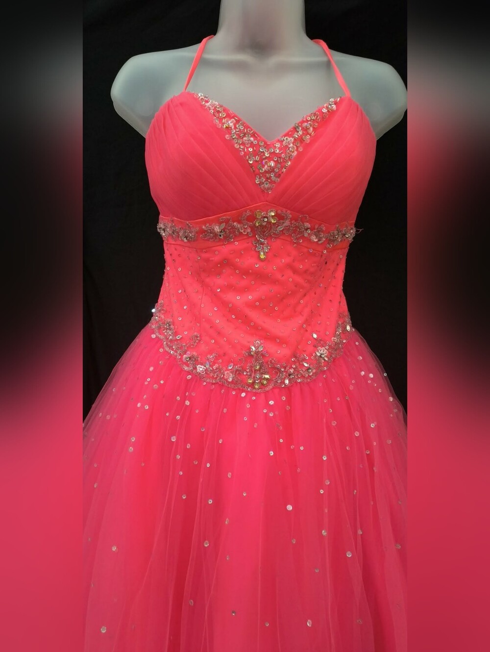 Spaghetti Strap Coral Pink Prom Dress with Sequin Bodice